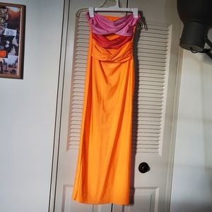 strapless color block midi dress with cut outs